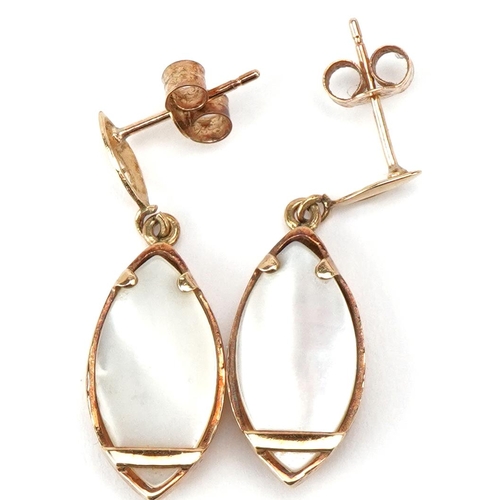 3488 - A pair of Art Nouveau style 9ct gold and mother of pearl drop earrings, 2.8cm high, total 3.1g.