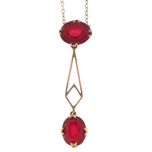 3502 - An Edwardian 9ct gold red glass openwork necklace, 40cm in length, 2.8g.