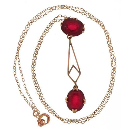 3502 - An Edwardian 9ct gold red glass openwork necklace, 40cm in length, 2.8g.