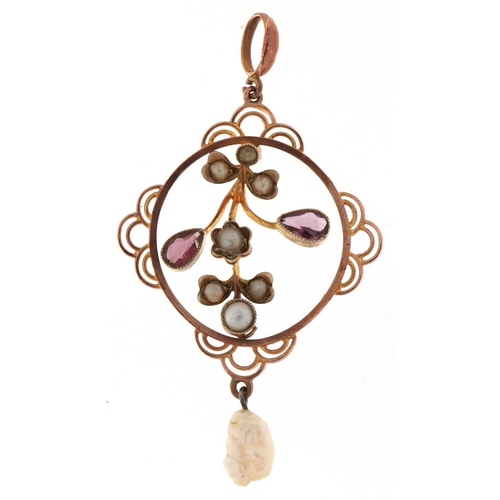 3189 - An Edwardian 9ct gold garnet and pearl openwork pendant, 5cm high, 2.5g.