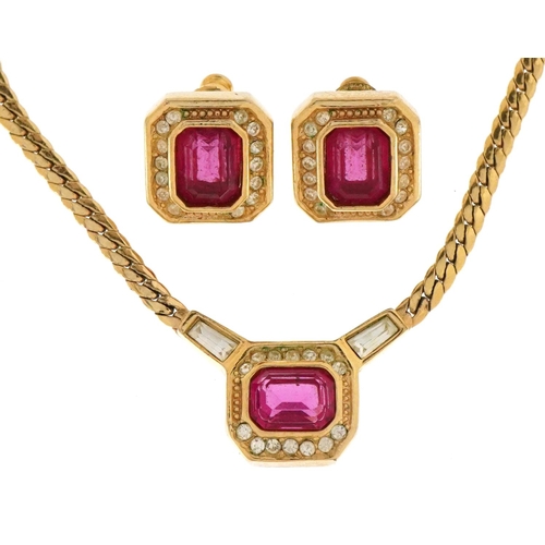 3466 - A Christian Dior gold plated pink and clear stone necklace and a pair of similar Grosse earrings, th... 