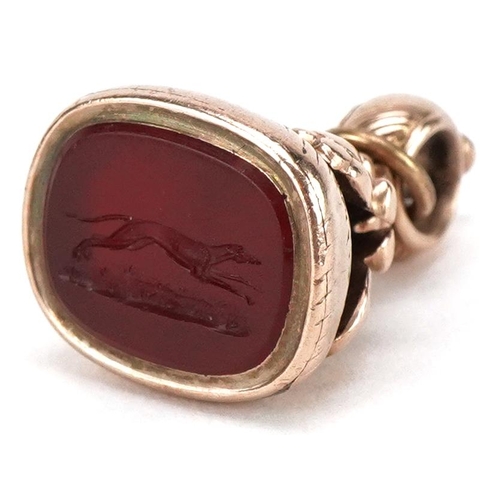 3036 - A Victorian yellow metal carnelian intaglio seal fob, the matrix engraved with a Greyhound, 2.3cm hi... 