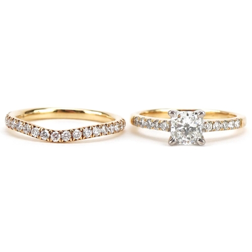 3050 - An 18ct gold diamond engagement ring and half eternity ring, the cushion cut diamond approximately 0... 