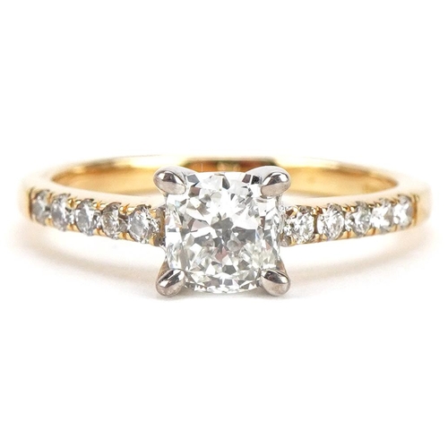 3050 - An 18ct gold diamond engagement ring and half eternity ring, the cushion cut diamond approximately 0... 