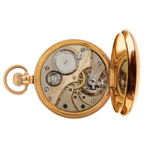  Rolex, a gentlemen's 9ct gold open face half hunter top wind pocket watch having enamelled dials wit... 