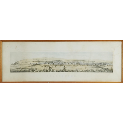 1421 - Eastbourne Coastline, Late 19th century British School, colour lithograph, framed, 33cm x 100cm.