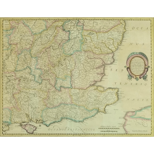 2269A - Map of South East England, 20th century hand coloured engraving, framed, 36cm x 47cm.