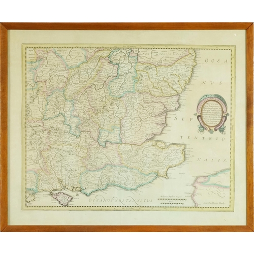 2269A - Map of South East England, 20th century hand coloured engraving, framed, 36cm x 47cm.