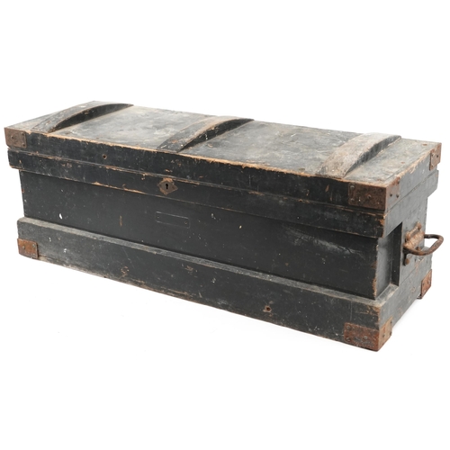 1124 - An early 20th century black painted pine tool chest with removable shelves containing various chisel... 