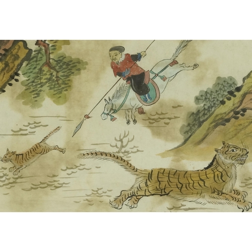 311 - A Korean watercolour on paper, late 19th century, 'Tiger Hunt', unsigned, framed, 20cm x 29cm.