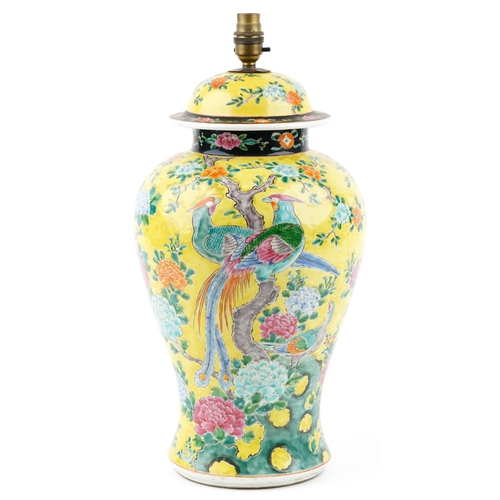 34 - A Chinese famille jeune porcelain vase and cover, late 19th/early 20th century, decorated with birds... 