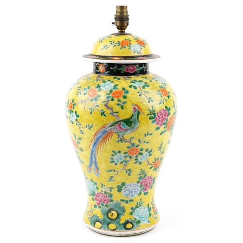 34 - A Chinese famille jeune porcelain vase and cover, late 19th/early 20th century, decorated with birds... 