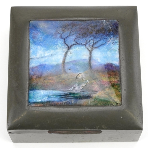 10 - A Liberty & Co. pewter and enamelled square jewellery box, the top decorated with a landscape, indis... 