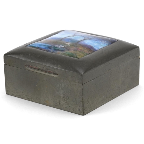 10 - A Liberty & Co. pewter and enamelled square jewellery box, the top decorated with a landscape, indis... 