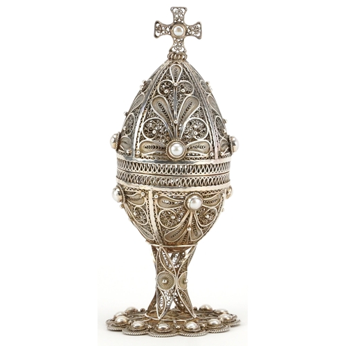 508 - A 19th century silver filigree ecclesiastical cup and cover with mother of pearl inset decoration, u... 