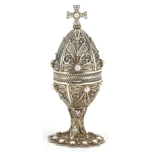 508 - A 19th century silver filigree ecclesiastical cup and cover with mother of pearl inset decoration, u... 