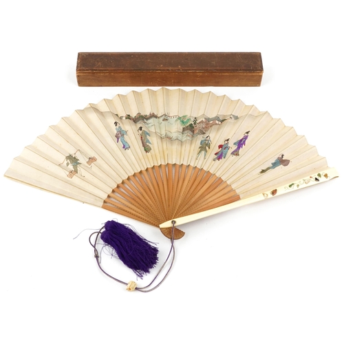 302 - A Japanese bone and inlaid folding fan, late 19th century, with hand painted decoration and case, 48... 