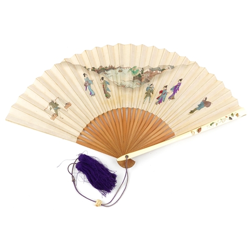 302 - A Japanese bone and inlaid folding fan, late 19th century, with hand painted decoration and case, 48... 