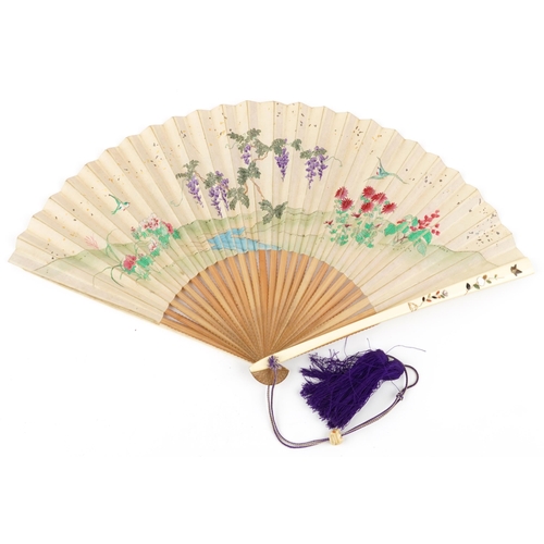 302 - A Japanese bone and inlaid folding fan, late 19th century, with hand painted decoration and case, 48... 