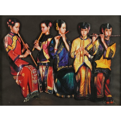 352 - After Chen Yifei - Banquet, 20th century printed and cut paper collage, framed, 28cm x 38cm.