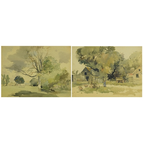 1579 - David Rose - The Farmyard, 20th century British School watercolour on paper, bearing label verso, fr... 