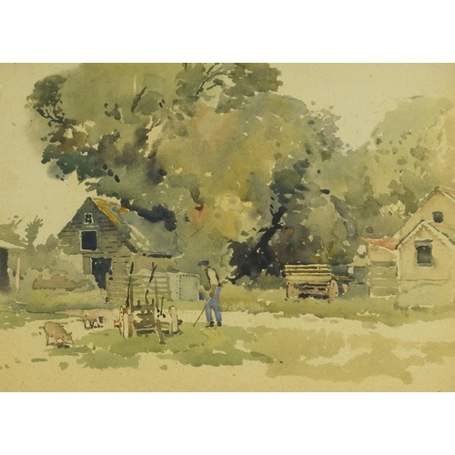 1579 - David Rose - The Farmyard, 20th century British School watercolour on paper, bearing label verso, fr... 