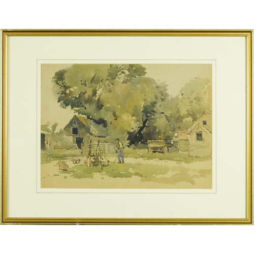 1579 - David Rose - The Farmyard, 20th century British School watercolour on paper, bearing label verso, fr... 