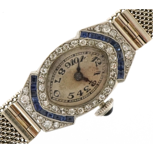 3006 - A French Art Deco platinum, diamond and sapphire ladies manual wind cocktail watch on a 9ct white go... 