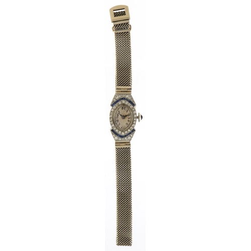 3006 - A French Art Deco platinum, diamond and sapphire ladies manual wind cocktail watch on a 9ct white go... 