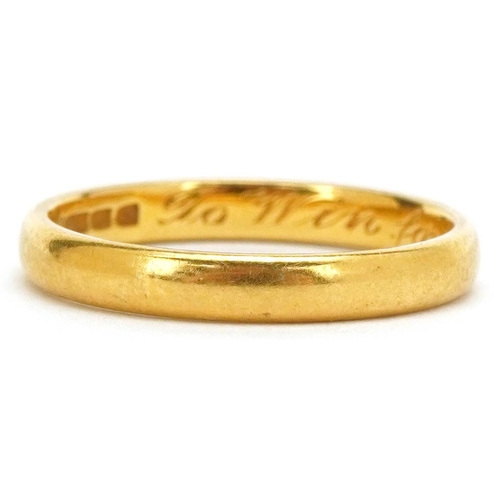 3147 - A 22ct gold wedding band with engraved inscription, London 1958, size N, 3.5g.