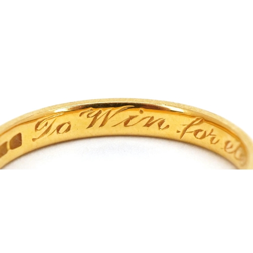 3147 - A 22ct gold wedding band with engraved inscription, London 1958, size N, 3.5g.