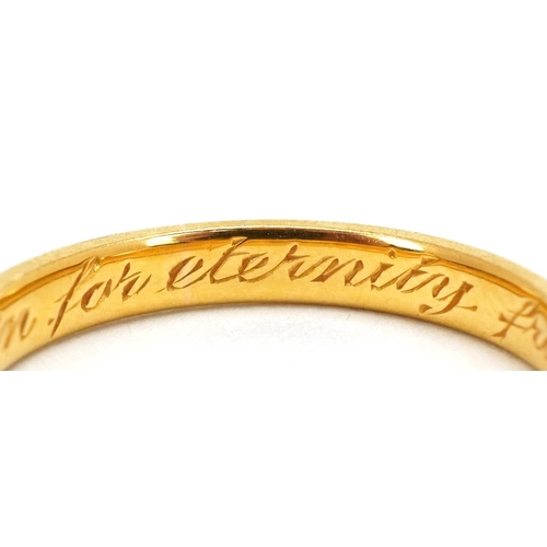 3147 - A 22ct gold wedding band with engraved inscription, London 1958, size N, 3.5g.