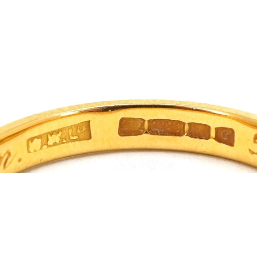 3147 - A 22ct gold wedding band with engraved inscription, London 1958, size N, 3.5g.