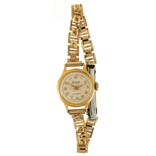 3118 - Accurist, a ladies gold plated manual wind wristwatch with rolled gold strap, the dial 16mm in diame... 