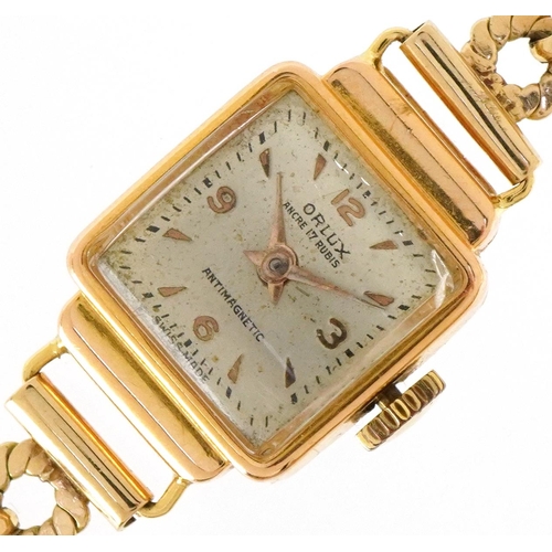 3044 - Orlux, a ladies 18ct gold cased manual wind wristwatch with 9ct gold strap, the case 16mm wide, tota... 