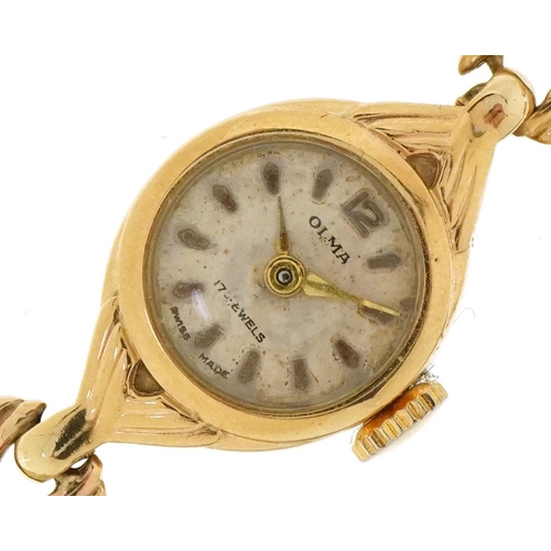 3028 - Olma, a ladies 9ct gold manual wind wristwatch with 9ct gold strap, the case 15mm wide, total weight... 