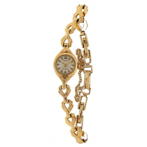 3028 - Olma, a ladies 9ct gold manual wind wristwatch with 9ct gold strap, the case 15mm wide, total weight... 