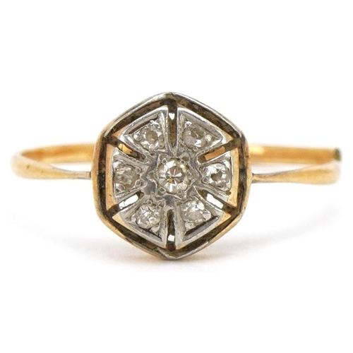 3674 - A broken Art Deco unmarked gold diamond cluster ring, 1.4g.