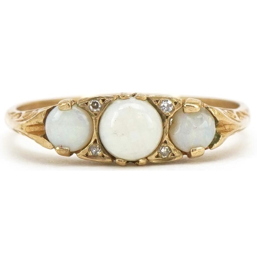 3467 - A 9ct gold cabochon opal and diamond ring, size T, 2.5g.