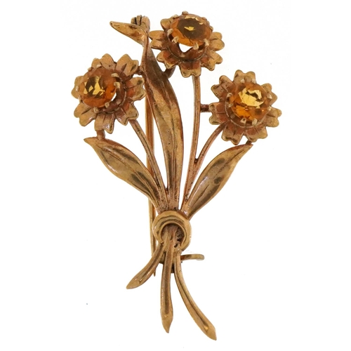 3069 - A 9ct gold citrine floral bouquet brooch, 4.2cm high, 5.8g.