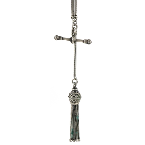 3346 - A Victorian white metal ladies watch chain with tassel and T bar, 32cm in length, 22.4g.