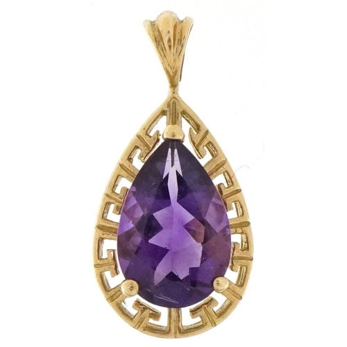 3186 - A 9ct gold amethyst teardrop pendant, 2.3cm high, 1.5g.