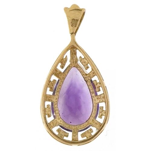 3186 - A 9ct gold amethyst teardrop pendant, 2.3cm high, 1.5g.