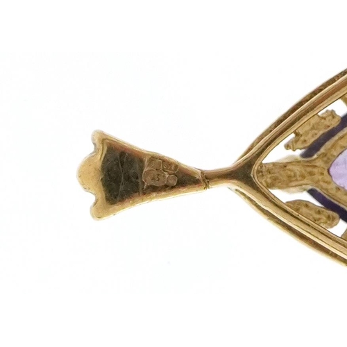 3186 - A 9ct gold amethyst teardrop pendant, 2.3cm high, 1.5g.