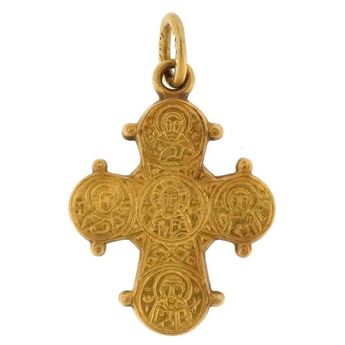 3506 - A Renaissance Revival 14ct gold cross pendant engraved with religious icons, 2cm high, 1.1g.