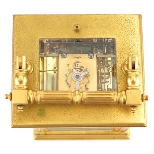 92 - A good early 20th century French gilt metal brass repeating carriage clock, the white enamel dial wi... 