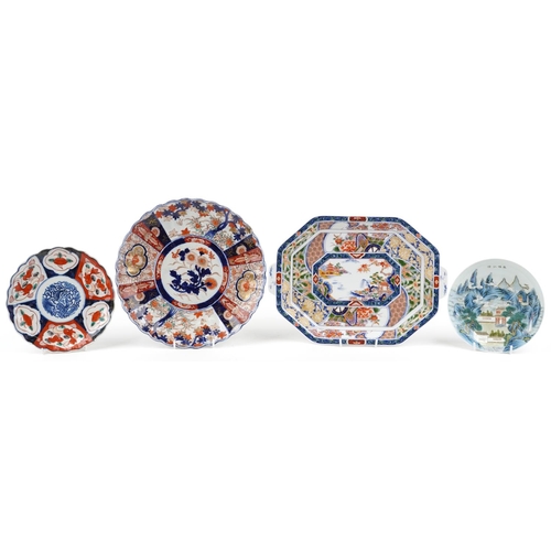 370 - Asian porcelain including Japanese Imari charger and a Chinese porcelain plate hand painted with a p... 