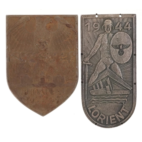 2489 - Two German military interest shield badges - Lorient and Budapest.