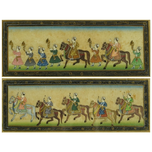 312 - A pair of Indian watercolours on silk, 20th century, each depicting a procession of soldiers on hors... 