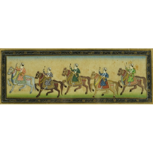 312 - A pair of Indian watercolours on silk, 20th century, each depicting a procession of soldiers on hors... 